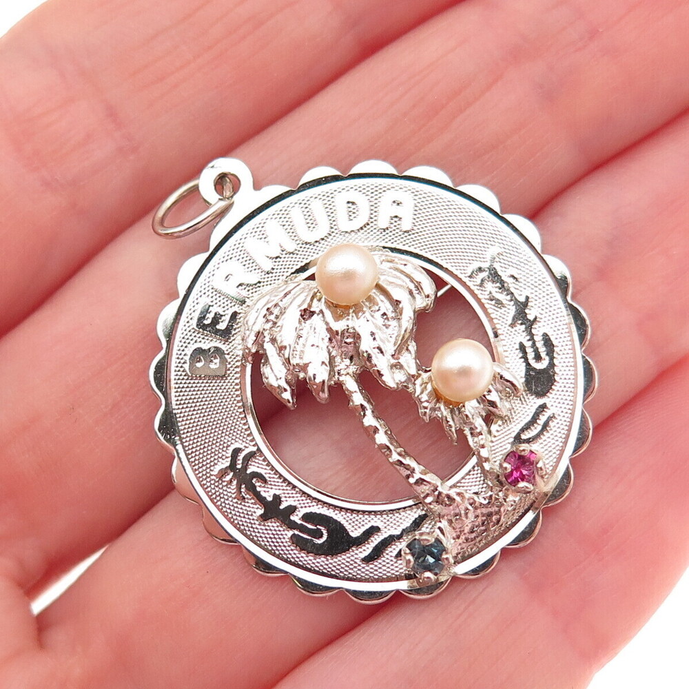 CREA 925 Sterling Silver Vintage Rhinestone Real Pearl Bermuda Charm Pendant